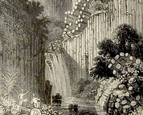 An antique image showing a large waterfall flowing through steep cliffs of vertical columnar basalt, with two 19th-century explorers in the foreground.