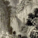An antique image showing a large waterfall flowing through steep cliffs of vertical columnar basalt, with two 19th-century explorers in the foreground.