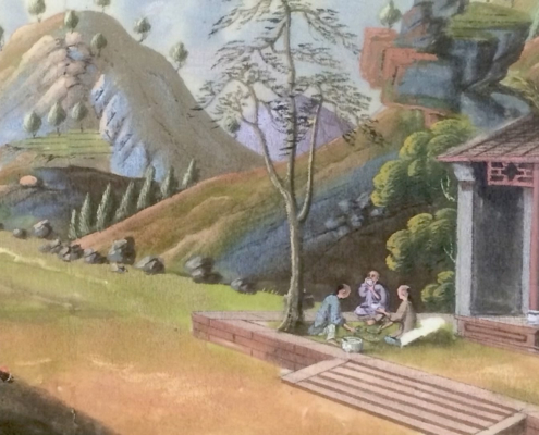 An antique painting depicting figures gathering outside a traditional Chinese house in a landscape of green, terraced hills.