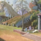An antique painting depicting figures gathering outside a traditional Chinese house in a landscape of green, terraced hills.