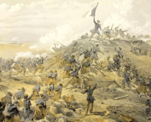 A 19th-century lithograph by William Simpson depicting French troops storming a smoke-filled hill during the Battle of Malakoff in the Crimean War