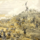 A 19th-century lithograph by William Simpson depicting French troops storming a smoke-filled hill during the Battle of Malakoff in the Crimean War