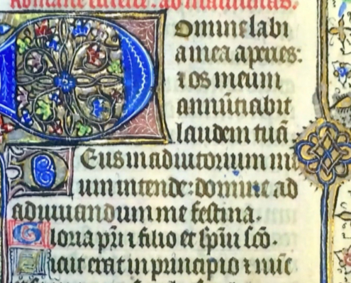 A close-up of a medieval illuminated manuscript page featuring an intricate blue and gold initial letter "D" and Latin Gothic script.
