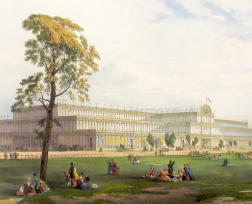 A 1851 colour lithograph showing Victorian visitors on the grounds of the Crystal Palace in London during the Great Exhibition.