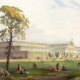 A 1851 colour lithograph showing Victorian visitors on the grounds of the Crystal Palace in London during the Great Exhibition.