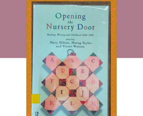Gibson Library's Book of the Month flyer featuring the book cover of "Opening the Nursery Door" by Mary Hilton, Morag Styles and Victor Watson