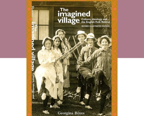 Gibson Library's Book of the Month flyer featuring the book cover of "The Imagined Village" by Georgina Boyes, showing five young girls holding Morris dancing sticks.